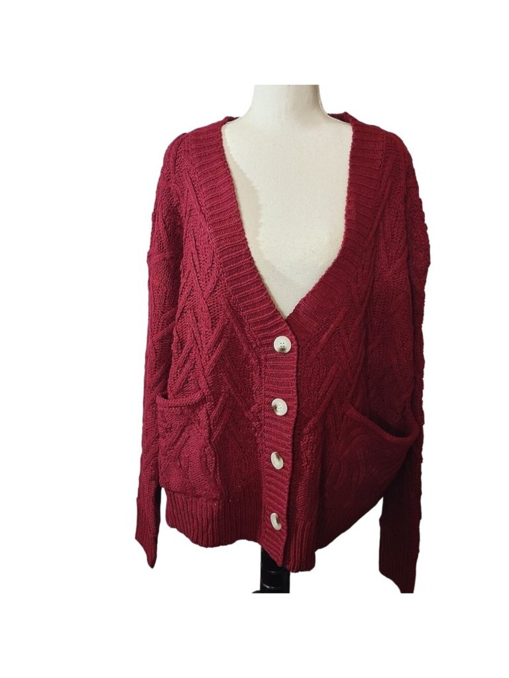 Oversized Cable Knit Burgundy Cardigan W/Deep V-Neckline & Button Closure